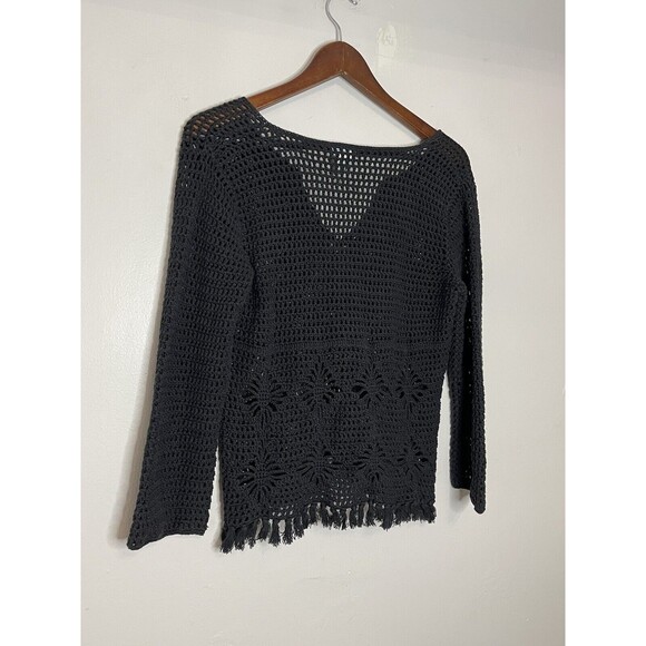 URCHIN MARK EISEN Knit Crochet long Sleeve Blouse Womens Large Black Fringe Top - Picture 7 of 7